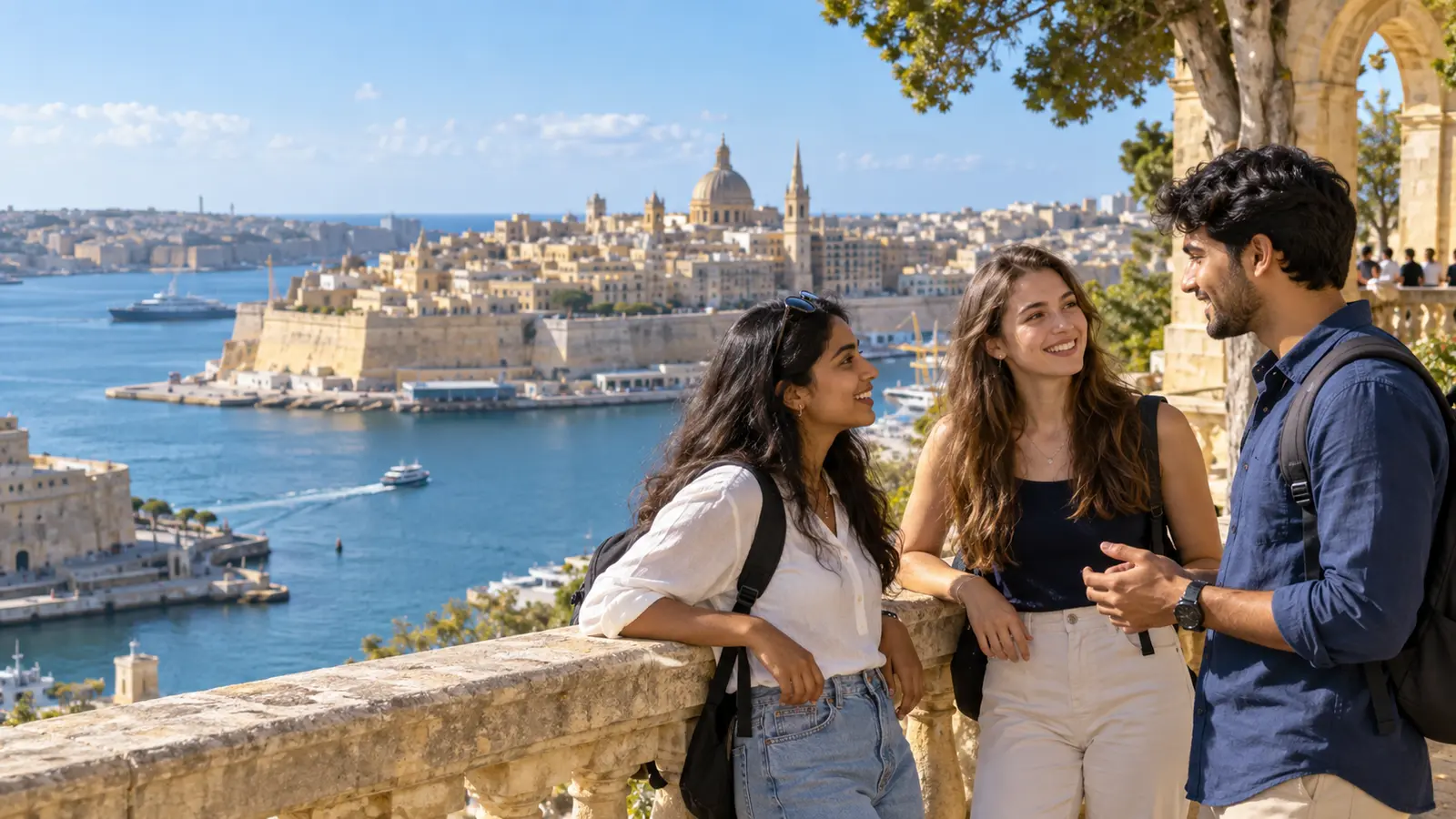 International students overlooking Malta's Grand Harbour