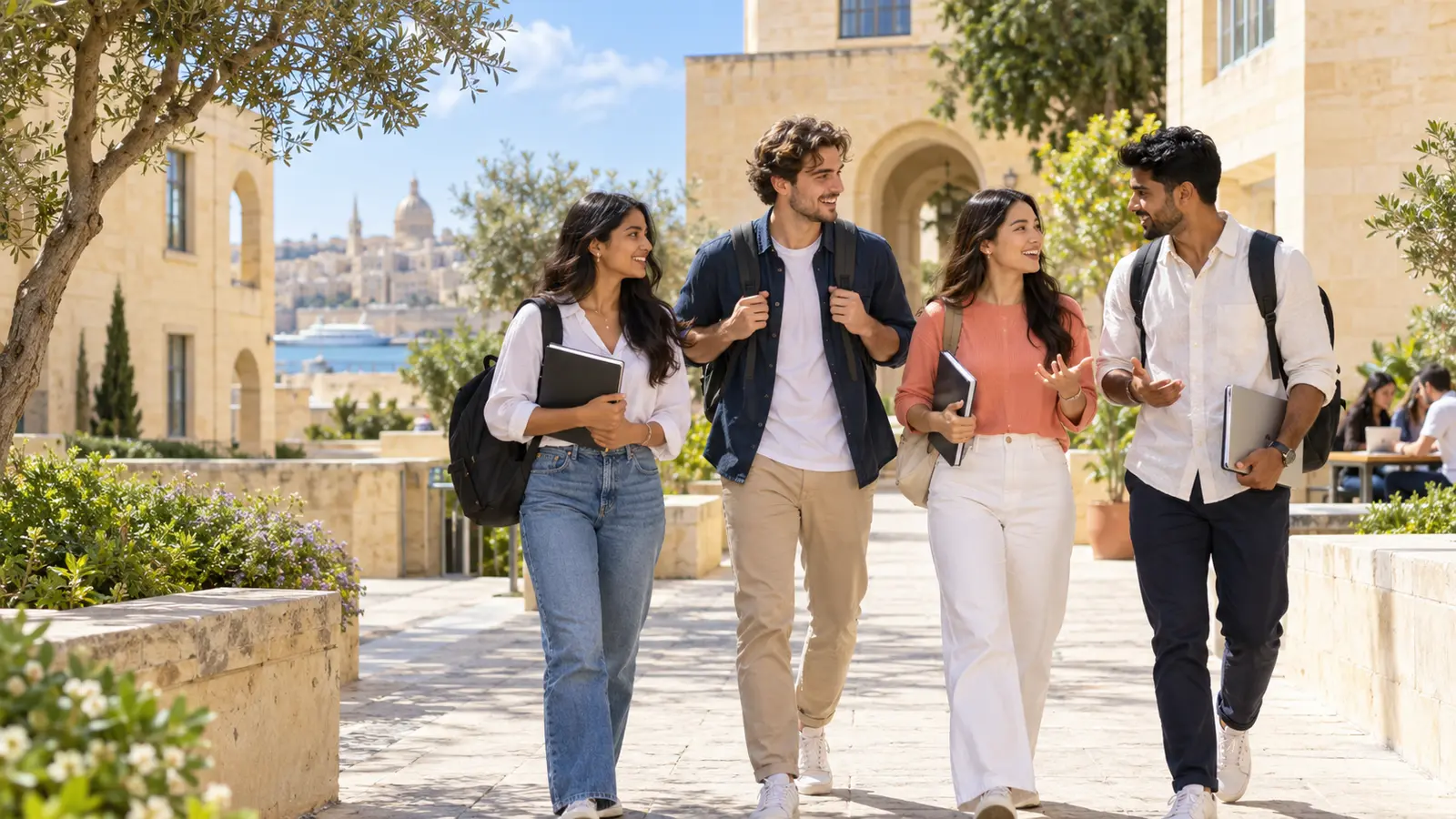 International students walking through a Malta college courtyard