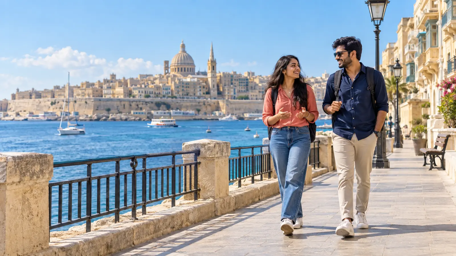 International students walking along Malta's waterfront