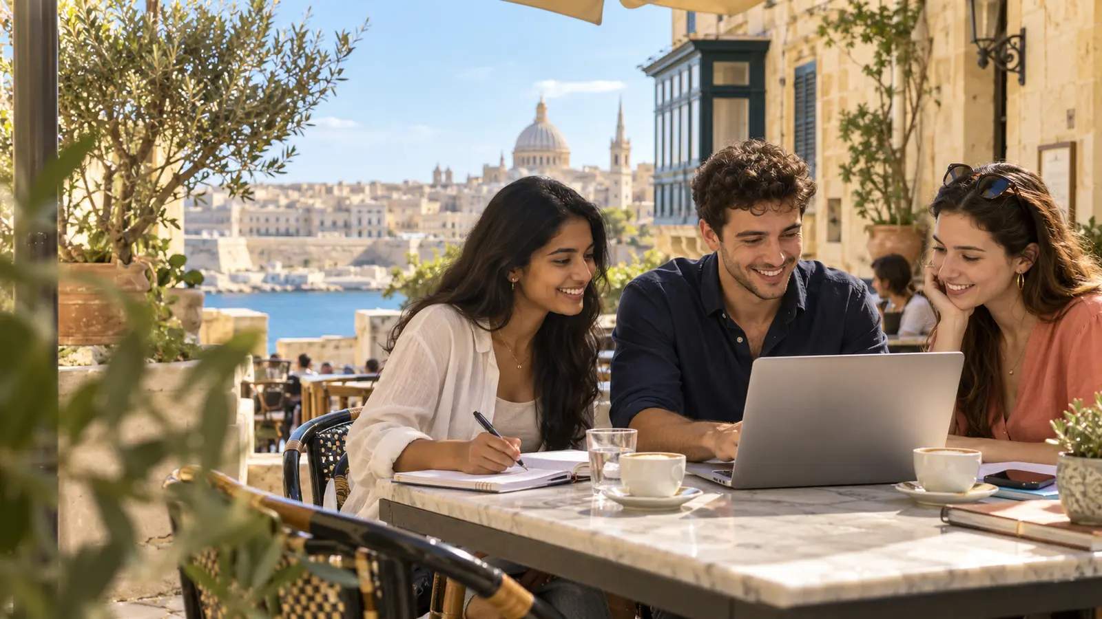 International students studying together at a café in Malta